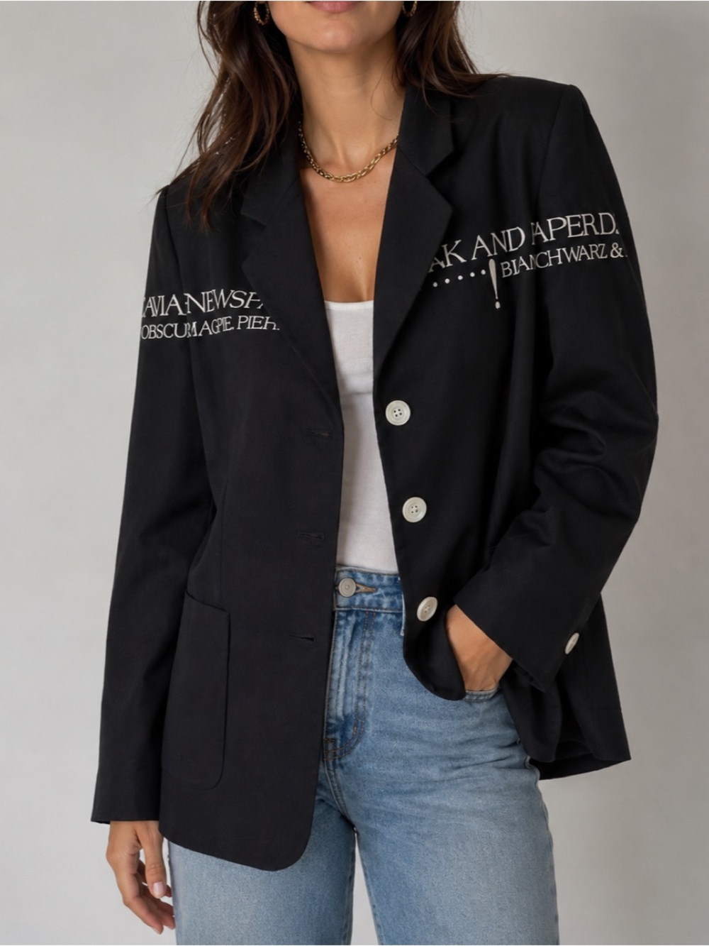 Laurel Womens 36 EUR Black White Writing‎ Button Up Blazer